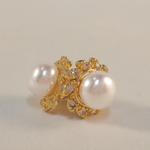 18K Yellow Gold Filled Pearl Swirl Flower Diamond Topaz Zircon Stud Earrings - Picture 4 of 6